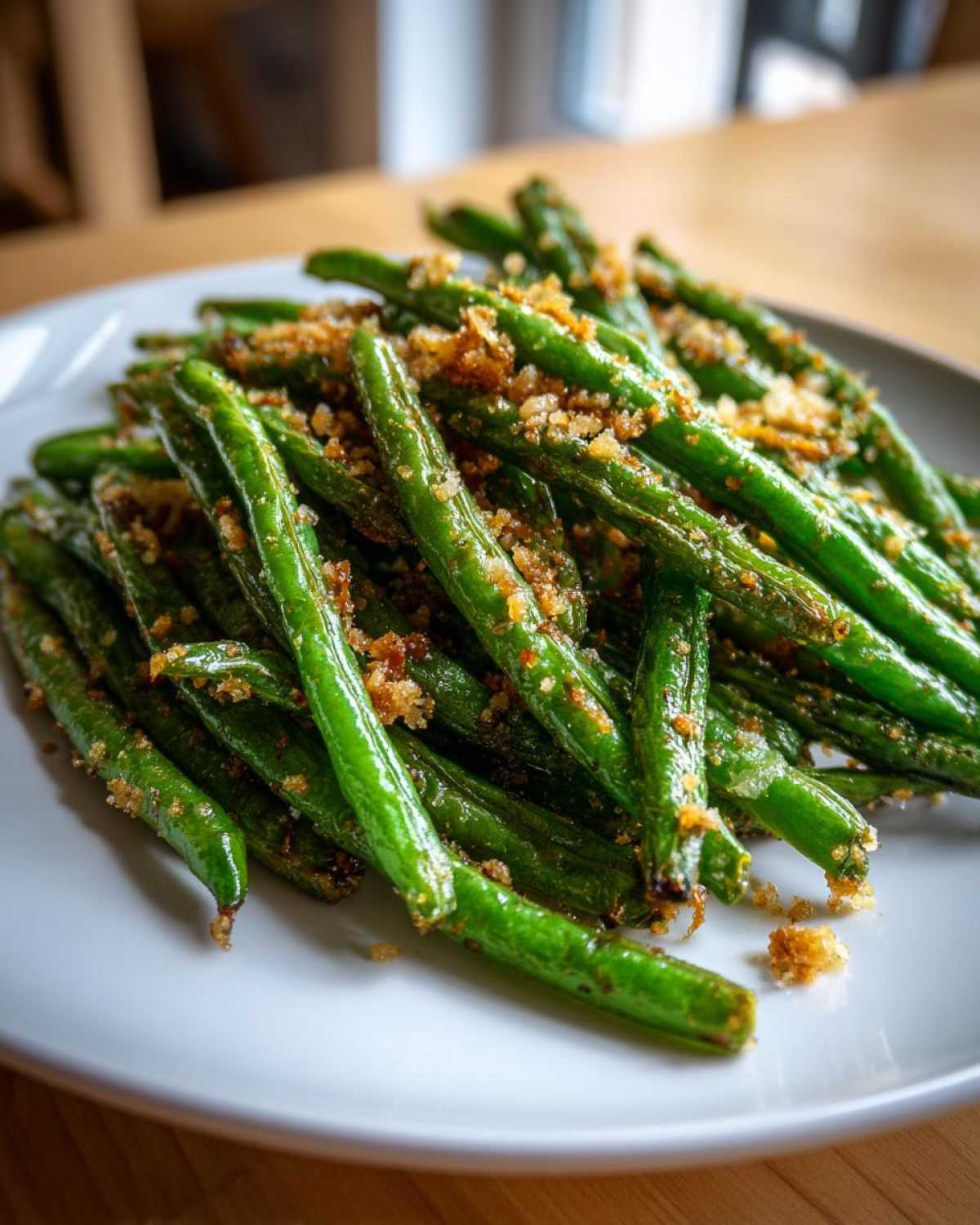 Close-up of bright green beans topped with crispy brown breadcrumbs or seasoning.