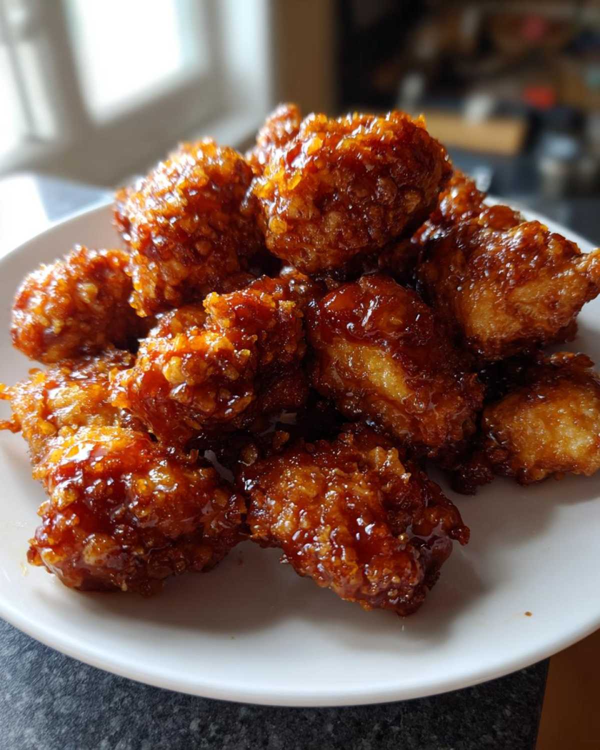 A pile of crispy, deep-fried chicken pieces coated in a thick, shiny glaze, characteristic of an orange chicken recipe.