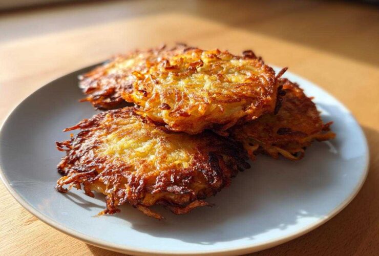 Four perfectly crispy, golden-brown potato latkes stacked on a light blue plate, illuminated by sunlight.