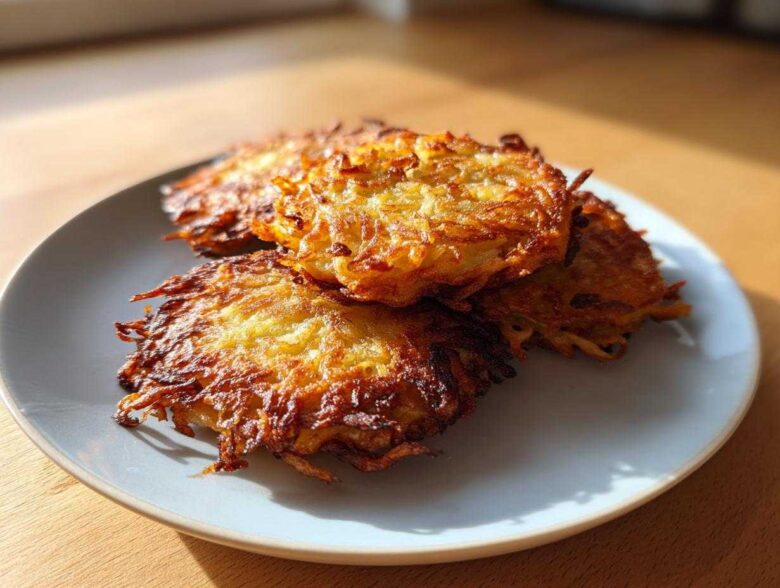 Four perfectly crispy, golden-brown potato latkes stacked on a light blue plate, illuminated by sunlight.
