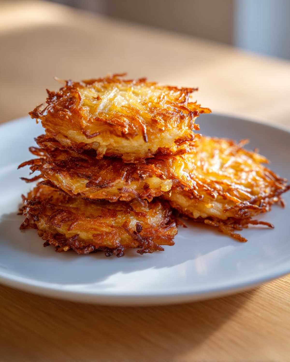 A stack of three golden brown, crispy potato latkes served on a white plate.