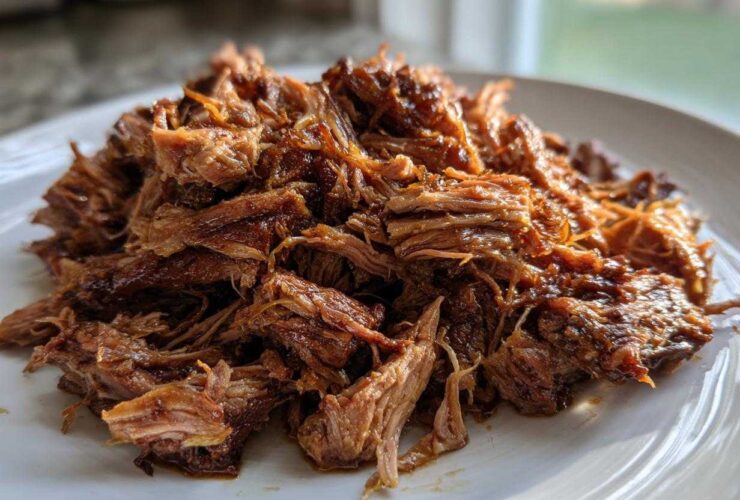 Close-up of tender, saucy crock pot pulled pork shredded and piled high on a white plate.
