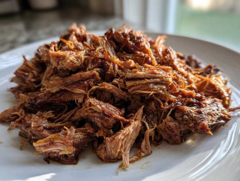 Close-up of tender, saucy crock pot pulled pork shredded and piled high on a white plate.