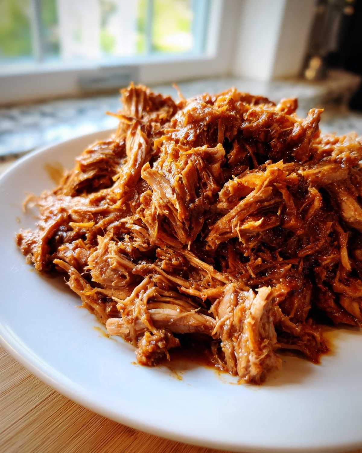 Close-up of juicy, saucy crock pot pulled pork piled high on a white plate.