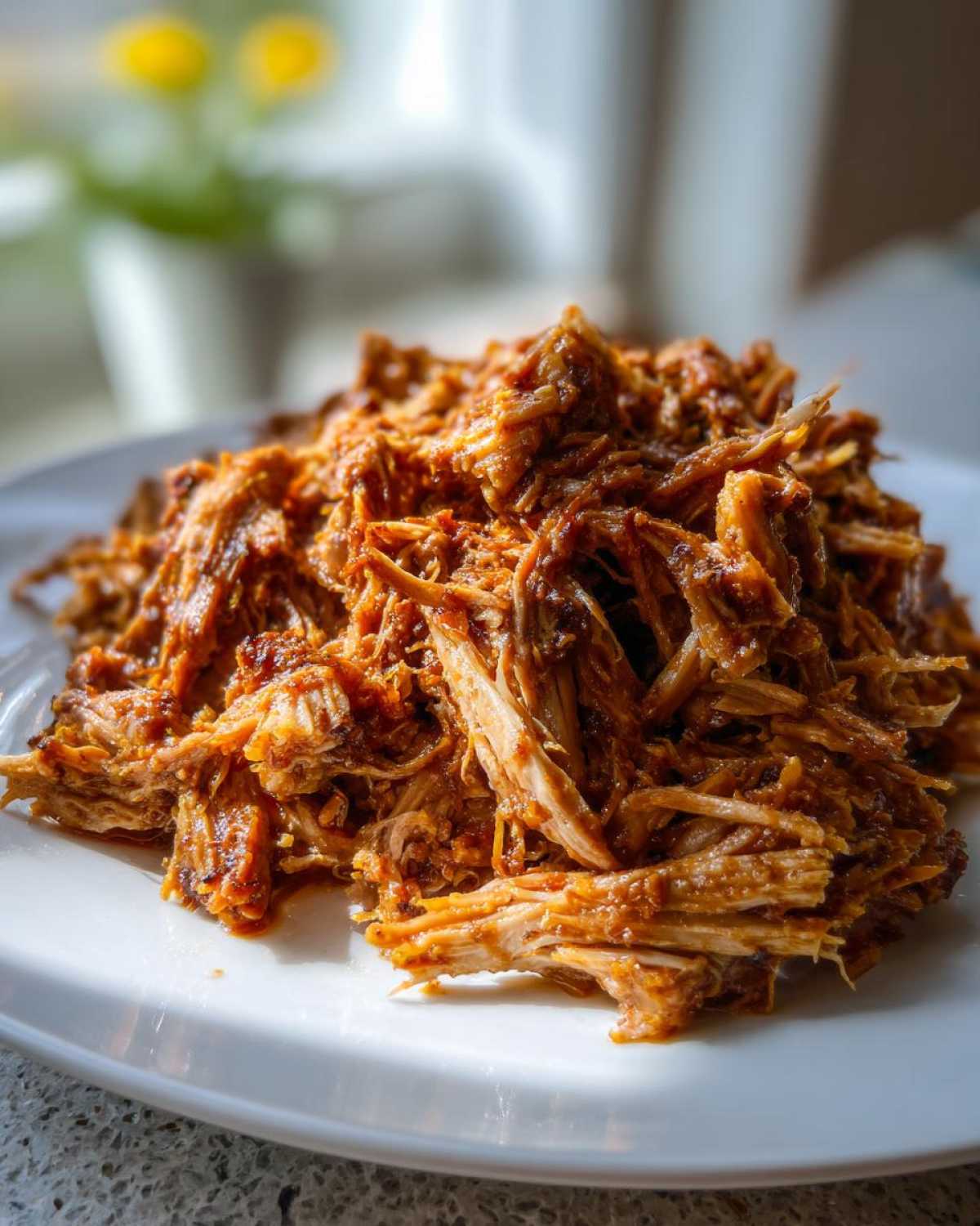 A close-up of tender, shredded crock pot pulled pork coated in barbecue sauce served on a white plate.