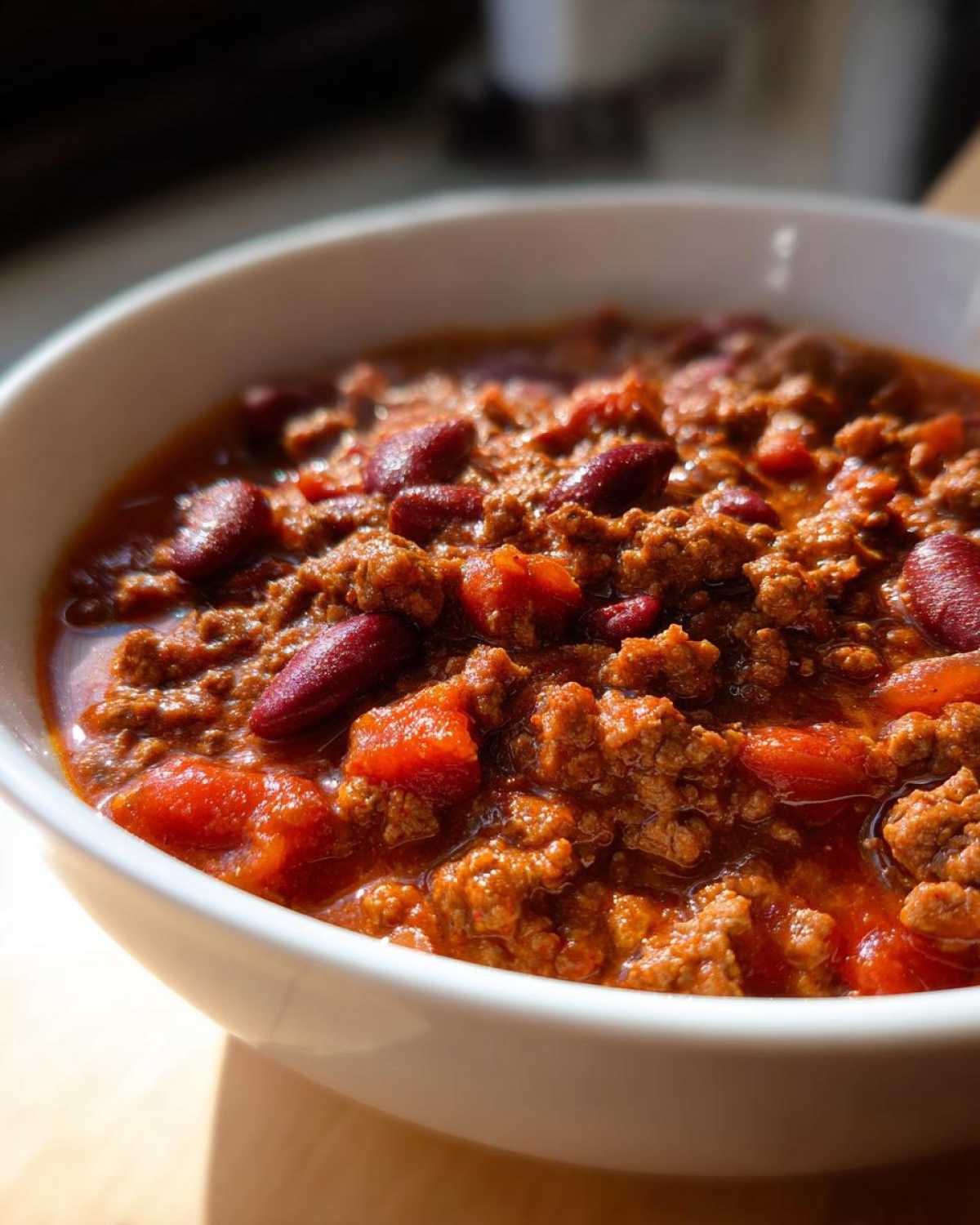Close-up of rich, hearty crockpot chili featuring ground meat and kidney beans in a white bowl.
