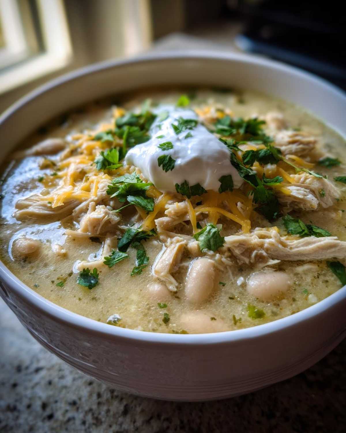 Close-up of a bowl of creamy crockpot white chicken chili topped with shredded cheese, sour cream, and cilantro.