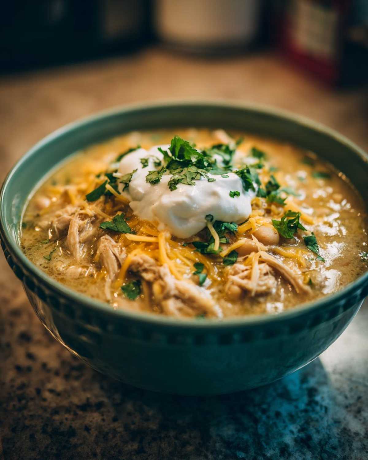 Close-up of a bowl of creamy crockpot white chicken chili topped with shredded cheese, sour cream, and cilantro.