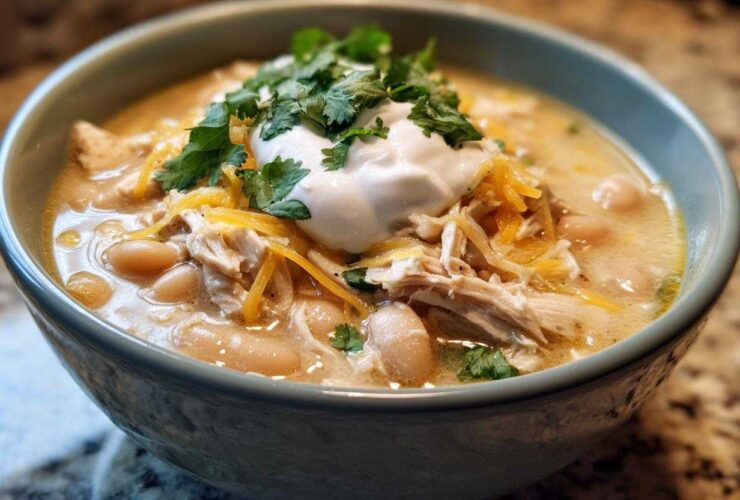 A close-up of a bowl of creamy crockpot white chicken chili topped with sour cream, shredded cheese, and fresh cilantro.
