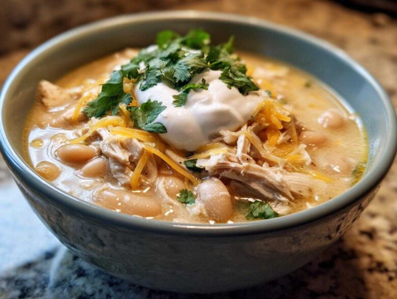 A close-up of a bowl of creamy crockpot white chicken chili topped with sour cream, shredded cheese, and fresh cilantro.