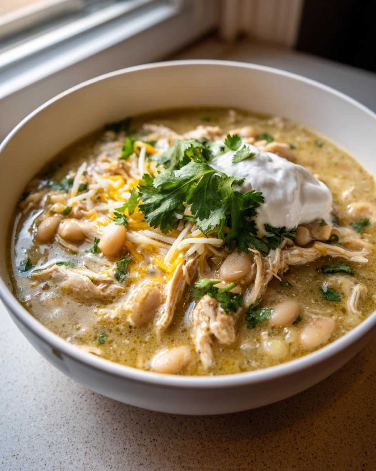A close-up of a bowl of creamy crockpot white chicken chili topped with shredded cheese, sour cream, and cilantro.