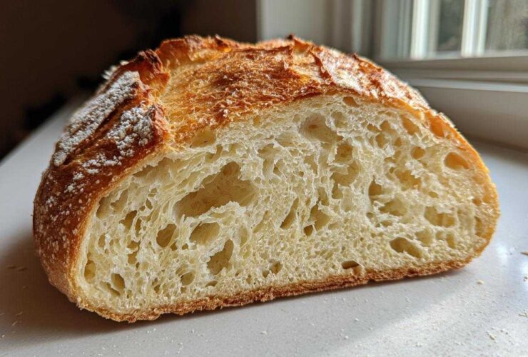 Close-up of a freshly baked french bread loaf cut in half, showing an open, airy crumb structure.