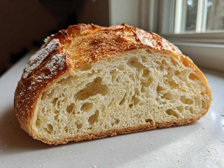 Close-up of a freshly baked french bread loaf cut in half, showing an open, airy crumb structure.