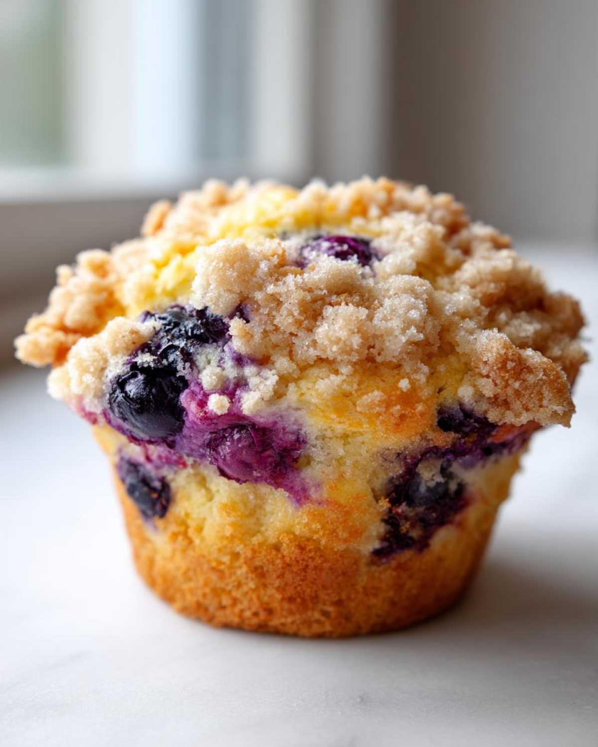 A single, golden-brown blueberry muffin topped with a generous layer of streusel crumb topping.