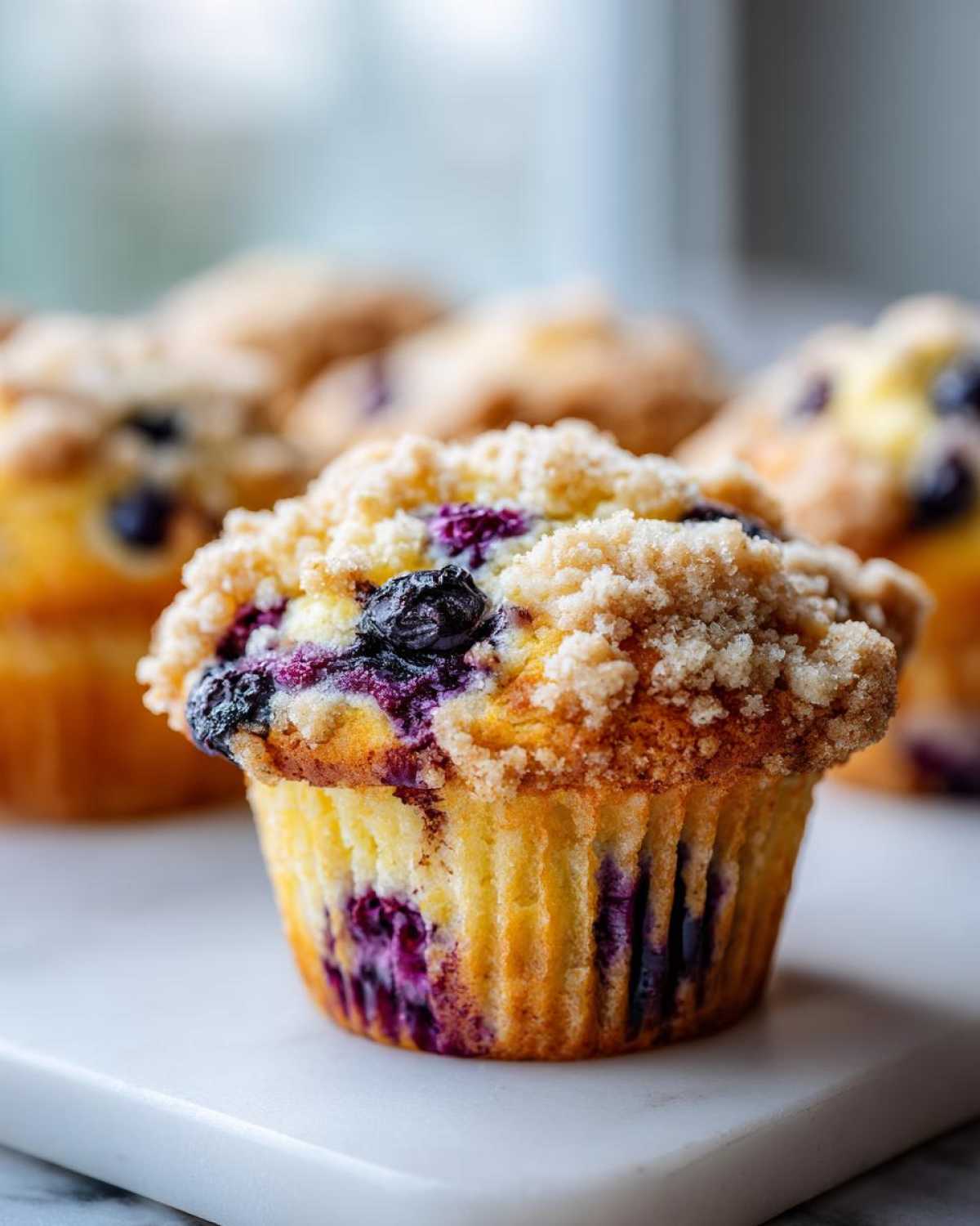 A single, golden blueberry muffin with a generous crumb topping sits in focus, surrounded by more blueberry muffins.