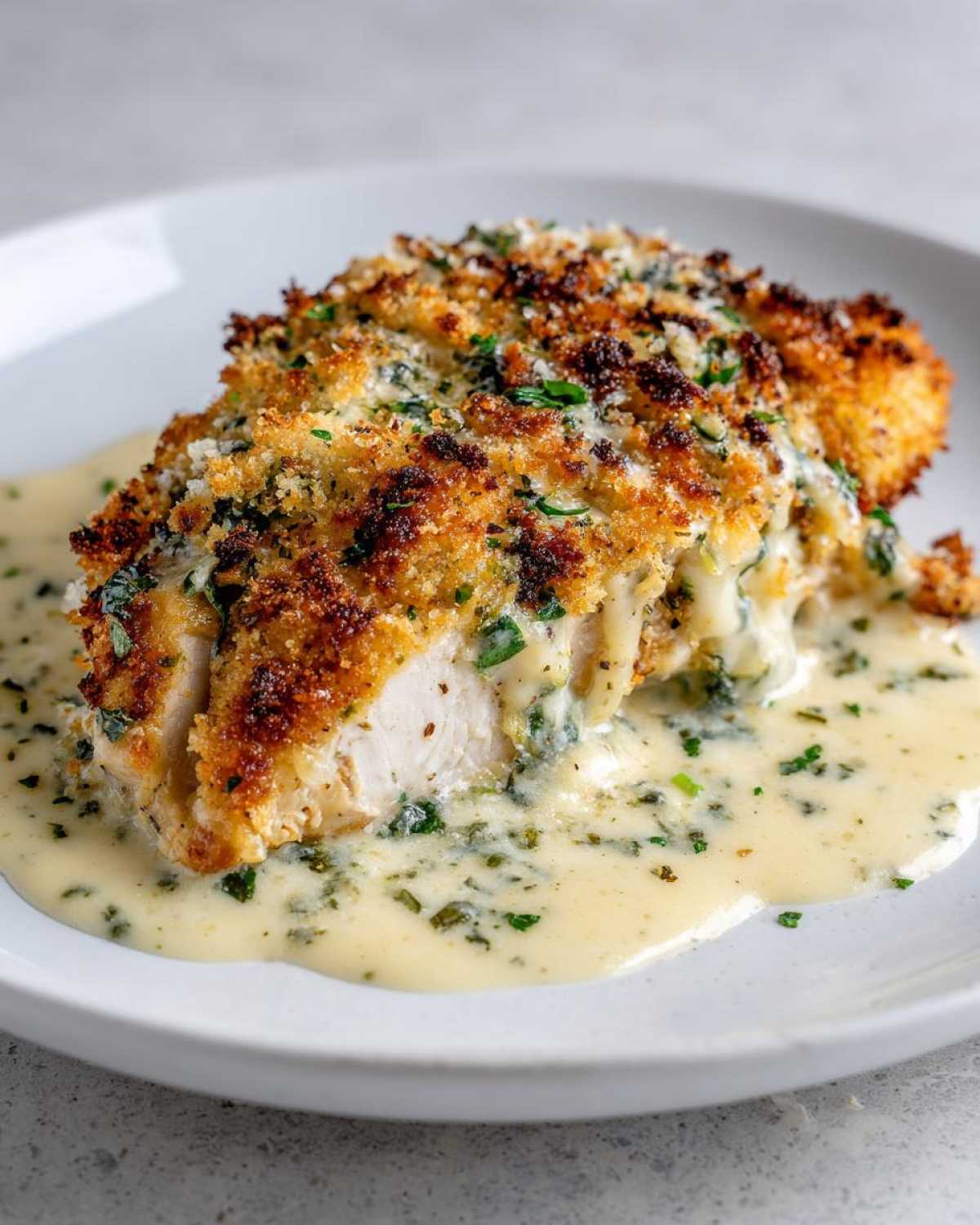 A cross-section of crusted caesar chicken breast served in a creamy, herbed sauce on a white plate.