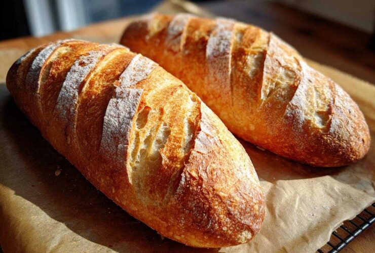 Two golden-brown, crusty loaves of homemade french bread resting on parchment paper, showing beautiful scoring.