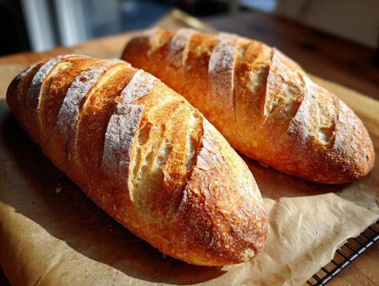 Two golden-brown, crusty loaves of homemade french bread resting on parchment paper, showing beautiful scoring.