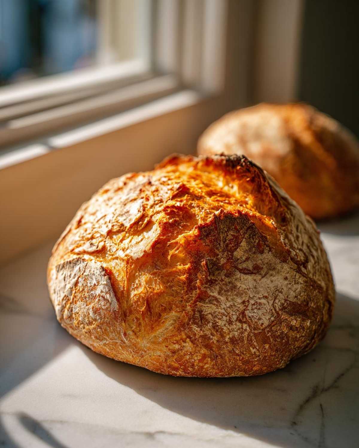 Close-up of a perfectly baked, rustic loaf of Italian bread with a deeply golden, crackled crust.