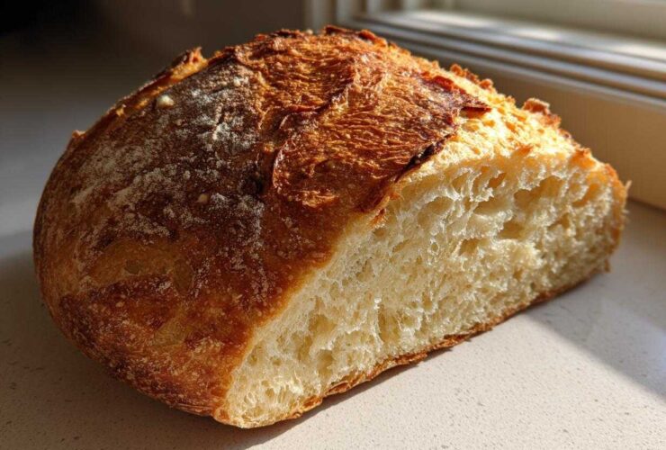 Close-up of a freshly baked Italian bread loaf cut in half, showing a golden, crusty exterior and an airy, open crumb structure.