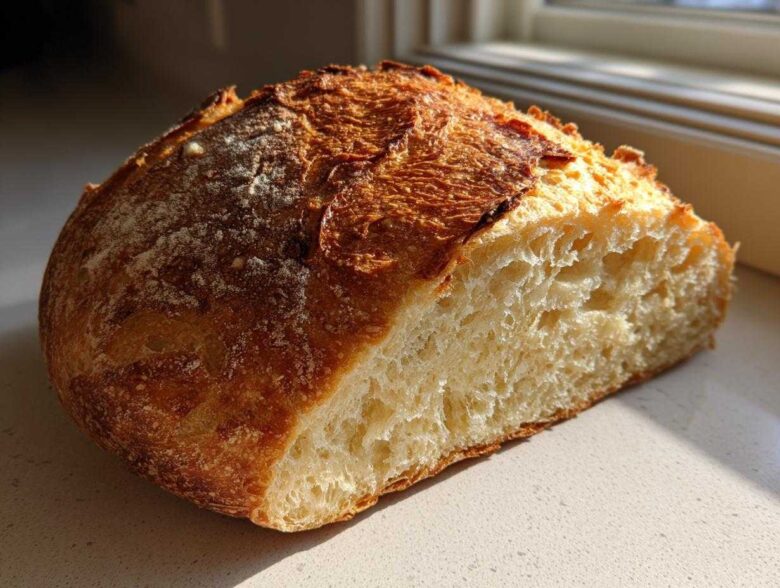 Close-up of a freshly baked Italian bread loaf cut in half, showing a golden, crusty exterior and an airy, open crumb structure.