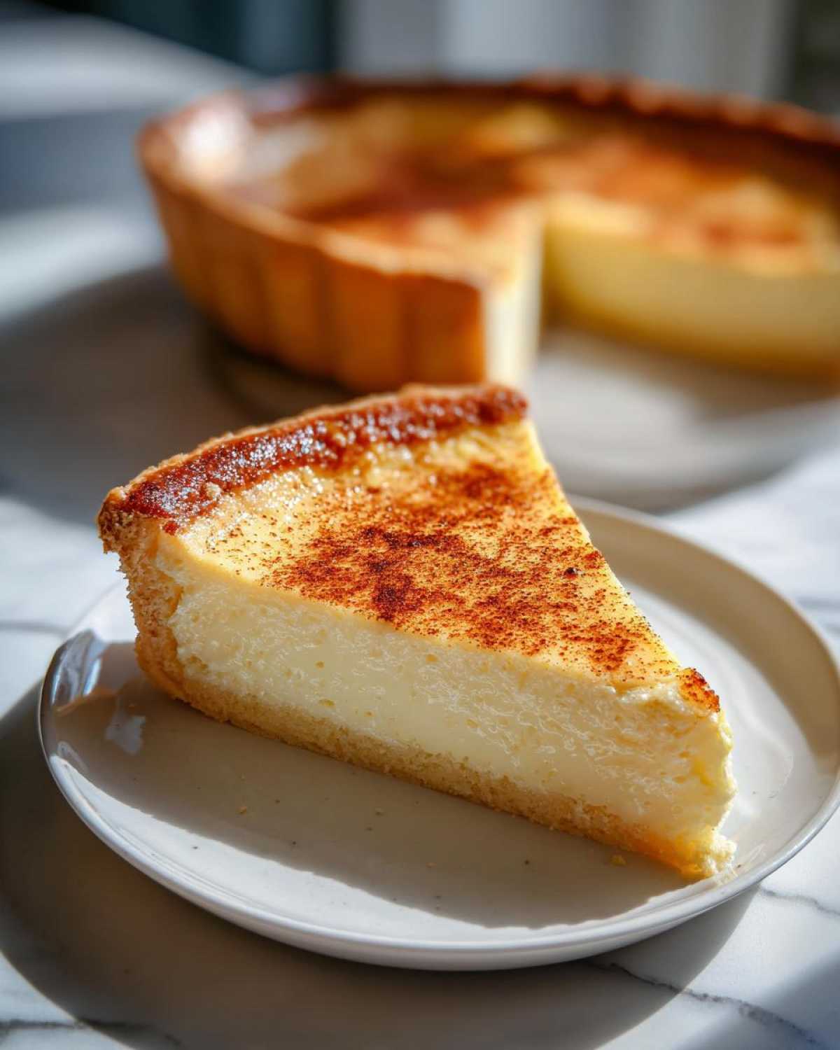 A perfect slice of creamy custard pie dusted with cinnamon sits on a white plate, with the rest of the custard pie blurred in the background.