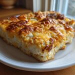 A close-up of a thick slice of Dorito Casserole topped with bubbly, browned cheddar and white cheese.