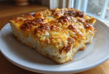 A close-up of a thick slice of Dorito Casserole topped with bubbly, browned cheddar and white cheese.