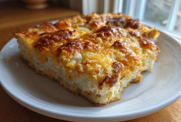 A close-up of a thick slice of Dorito Casserole topped with bubbly, browned cheddar and white cheese.