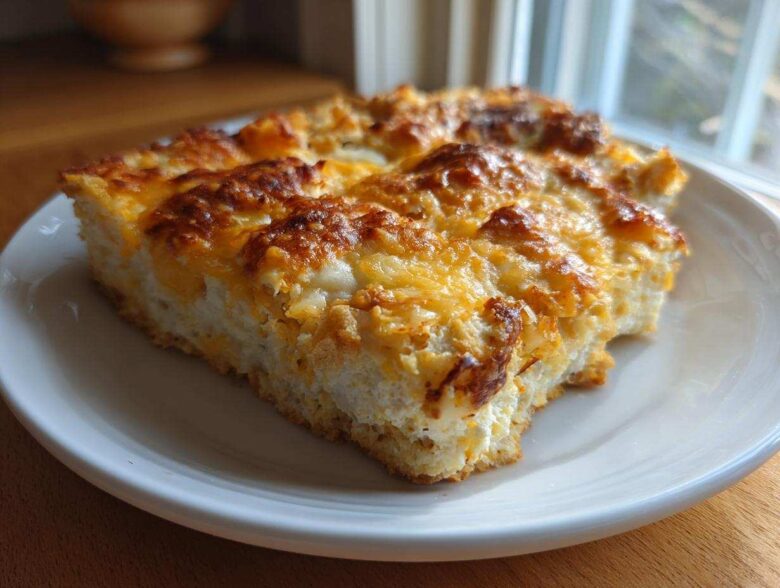A close-up of a thick slice of Dorito Casserole topped with bubbly, browned cheddar and white cheese.