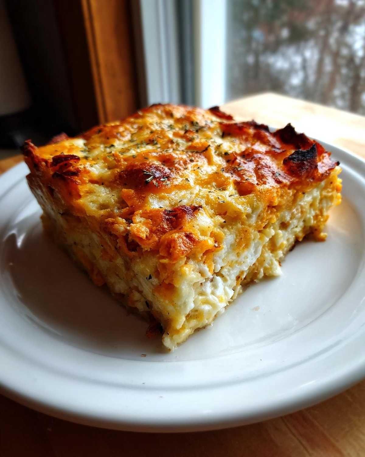 A square serving of cheesy Dorito Casserole with a golden-brown, slightly crispy top, served on a white plate.