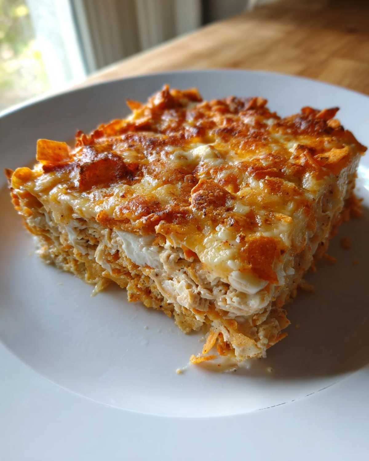 A square slice of cheesy Dorito Casserole served on a white plate, showing layers of chicken and melted cheese.