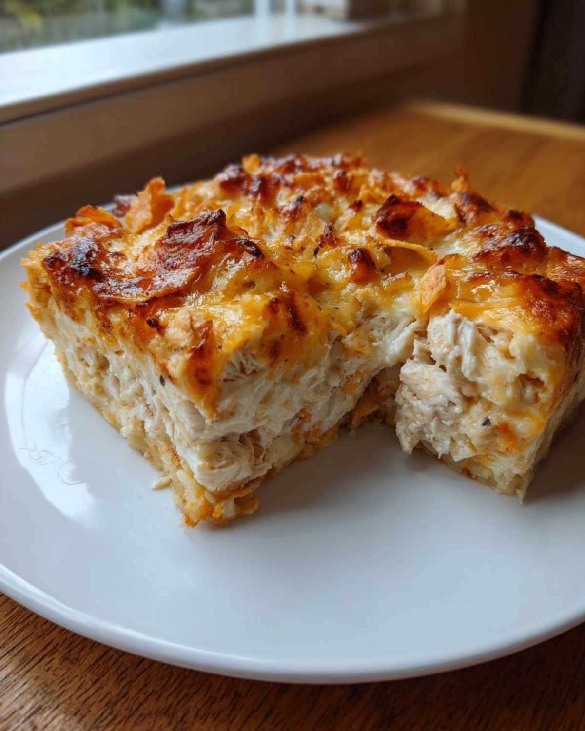 A square portion of Dorito Casserole showing layers of shredded chicken and melted cheese topping.