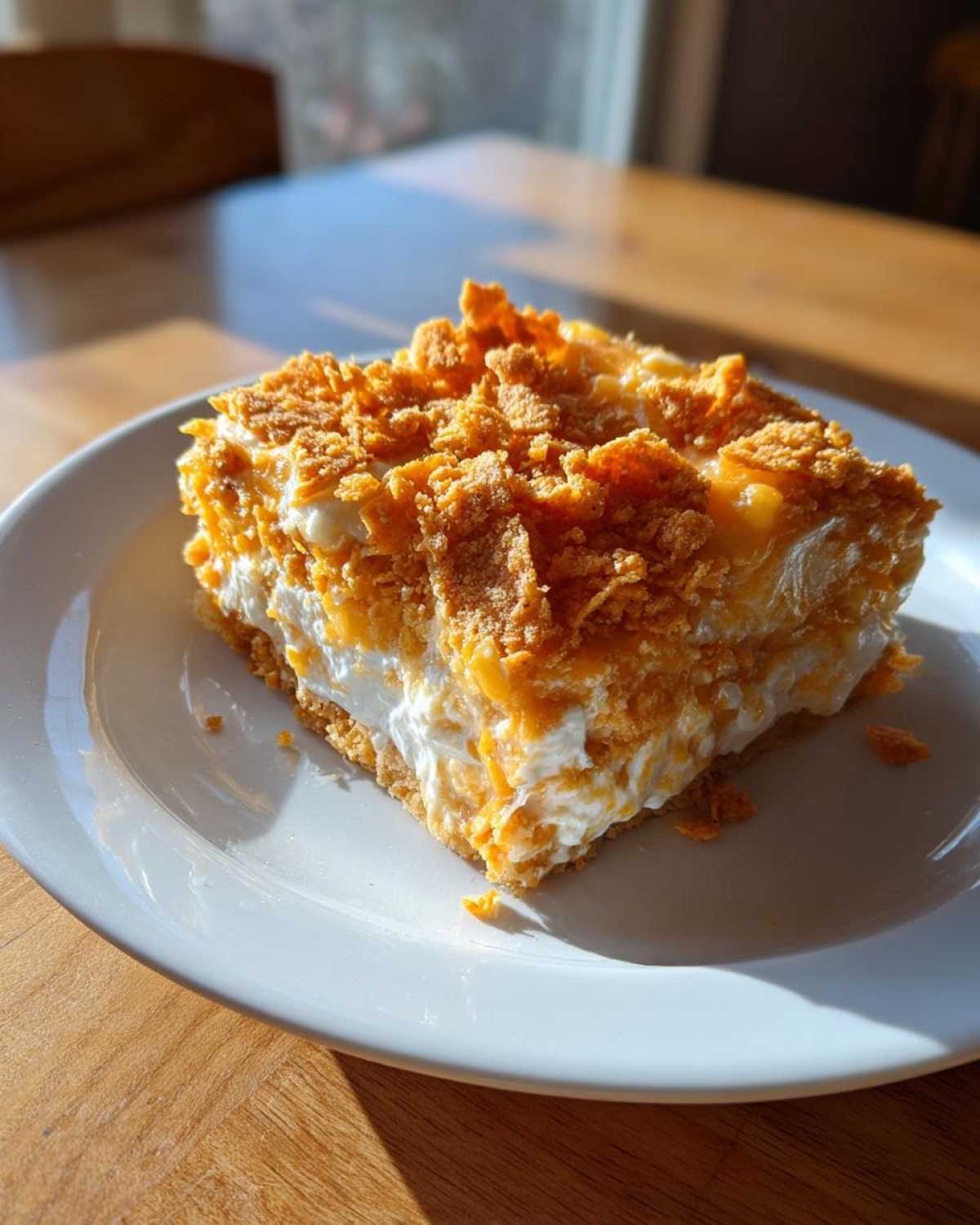 A square slice of creamy Dorito Casserole topped with crushed orange chips, served on a white plate.