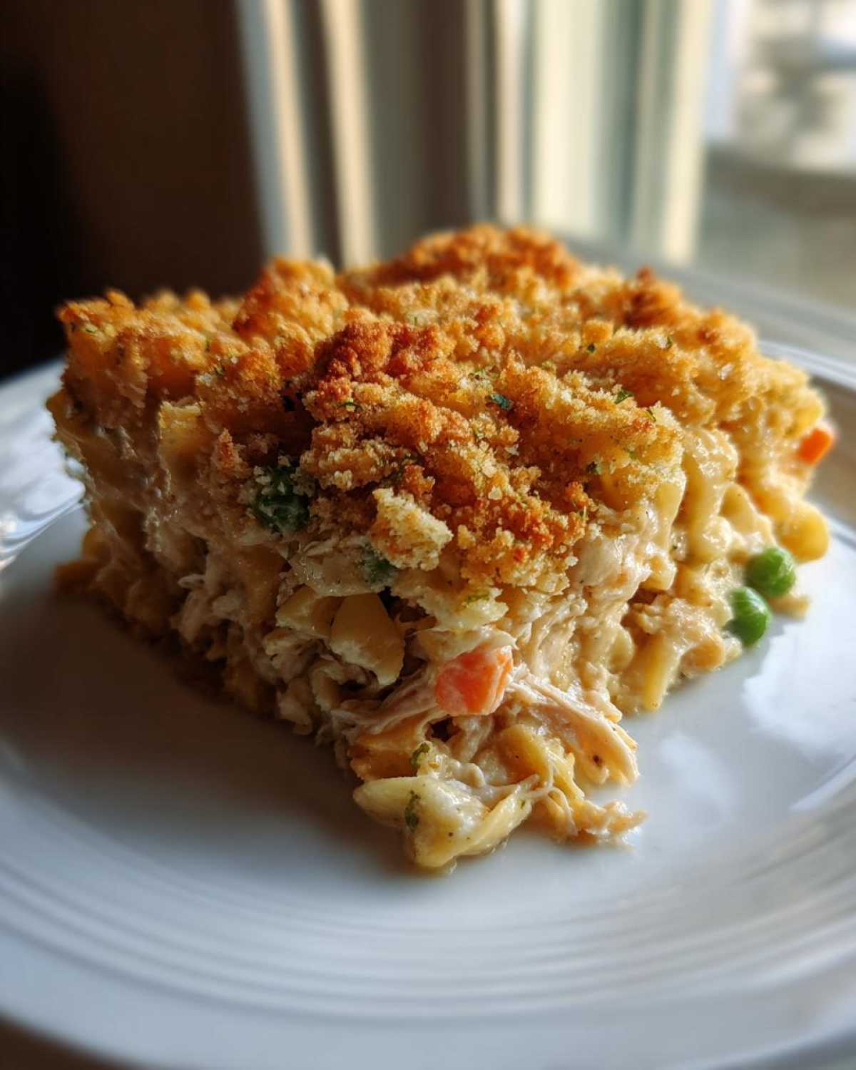 A square serving of creamy chicken noodle casserole topped with golden brown breadcrumbs, featuring visible chicken and vegetables.
