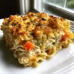 A close-up of a creamy slice of chicken noodle casserole with a golden, crunchy breadcrumb topping.