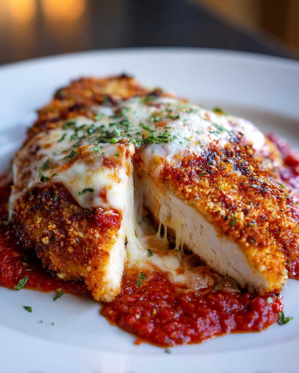 Close-up of Easy Chicken Parmesan cut open showing melted mozzarella cheese pull over crispy breading and marinara sauce.