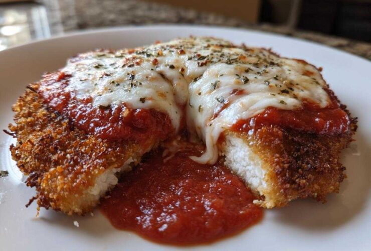 Close-up of Easy Chicken Parmesan cut open, showing melted mozzarella, marinara sauce, and crispy breading.