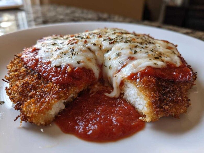 Close-up of Easy Chicken Parmesan cut open, showing melted mozzarella, marinara sauce, and crispy breading.