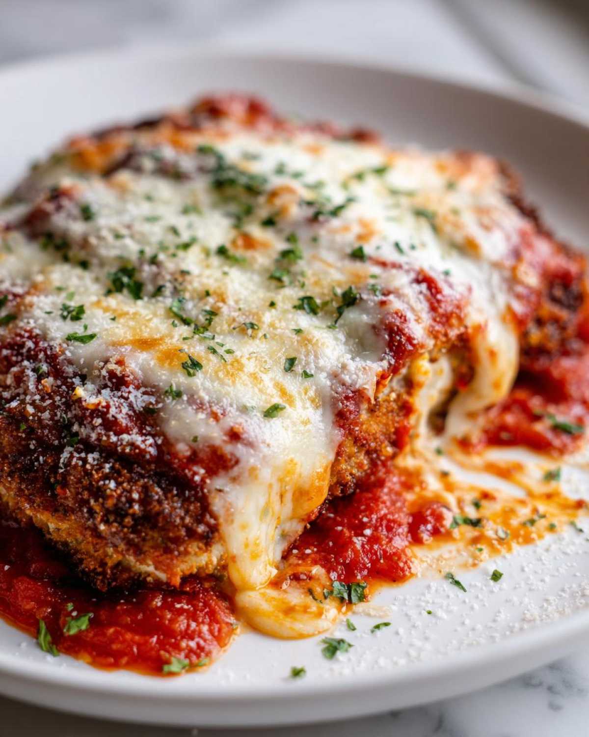 Close-up of a breaded chicken breast smothered in melted mozzarella and marinara sauce, representing Easy Chicken Parmesan.