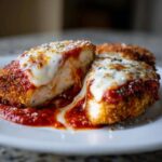 Close-up of Easy Chicken Parmesan cut in half, showing melted mozzarella cheese and rich tomato sauce.