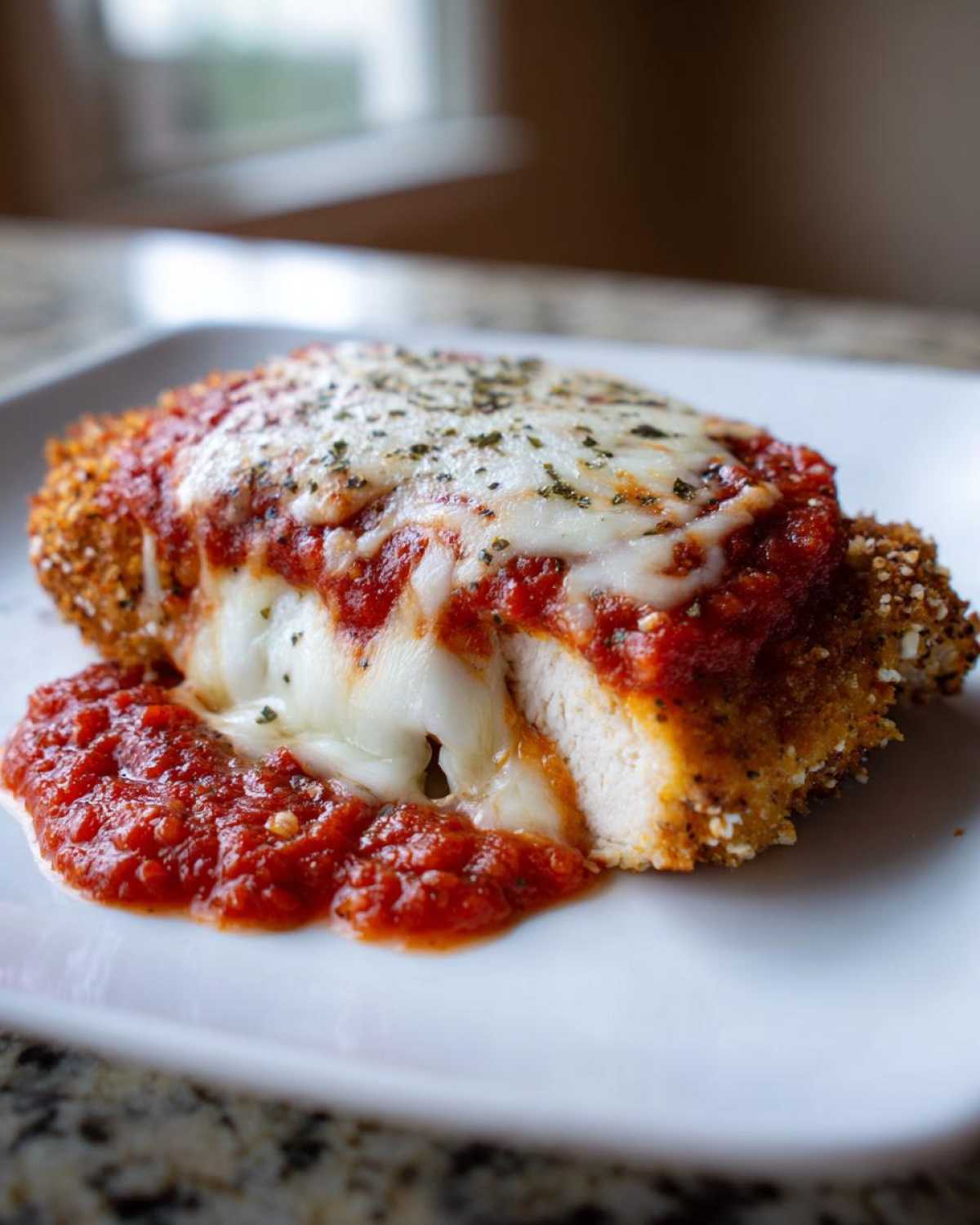 A close-up of Easy Chicken Parmesan showing melted mozzarella, marinara sauce, and a crispy breading.