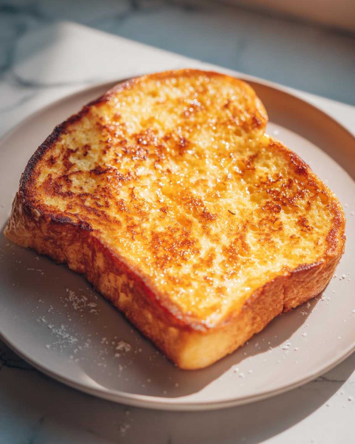 Close-up of a perfectly golden brown slice of easy french toast drizzled with syrup on a light plate.