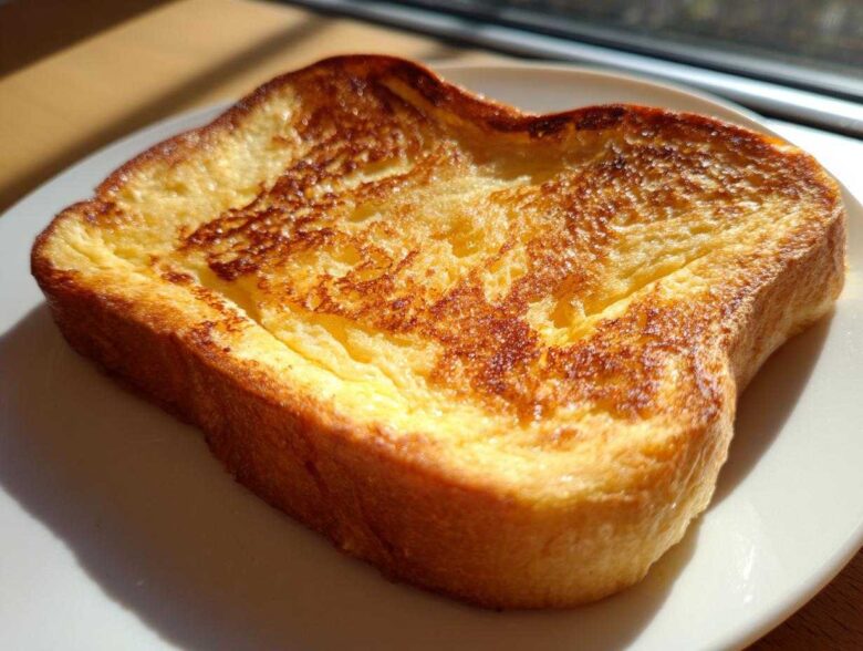 Close-up of a single, thick slice of golden brown easy french toast on a white plate.