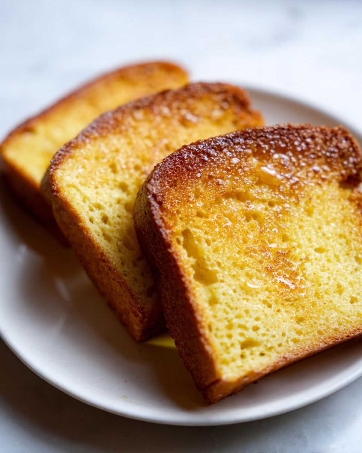 Three golden-brown slices of easy french toast stacked slightly on a white plate, glistening with syrup.