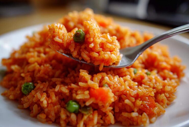 A spoonful of bright orange spanish rice mixed with green peas being lifted from a white plate.