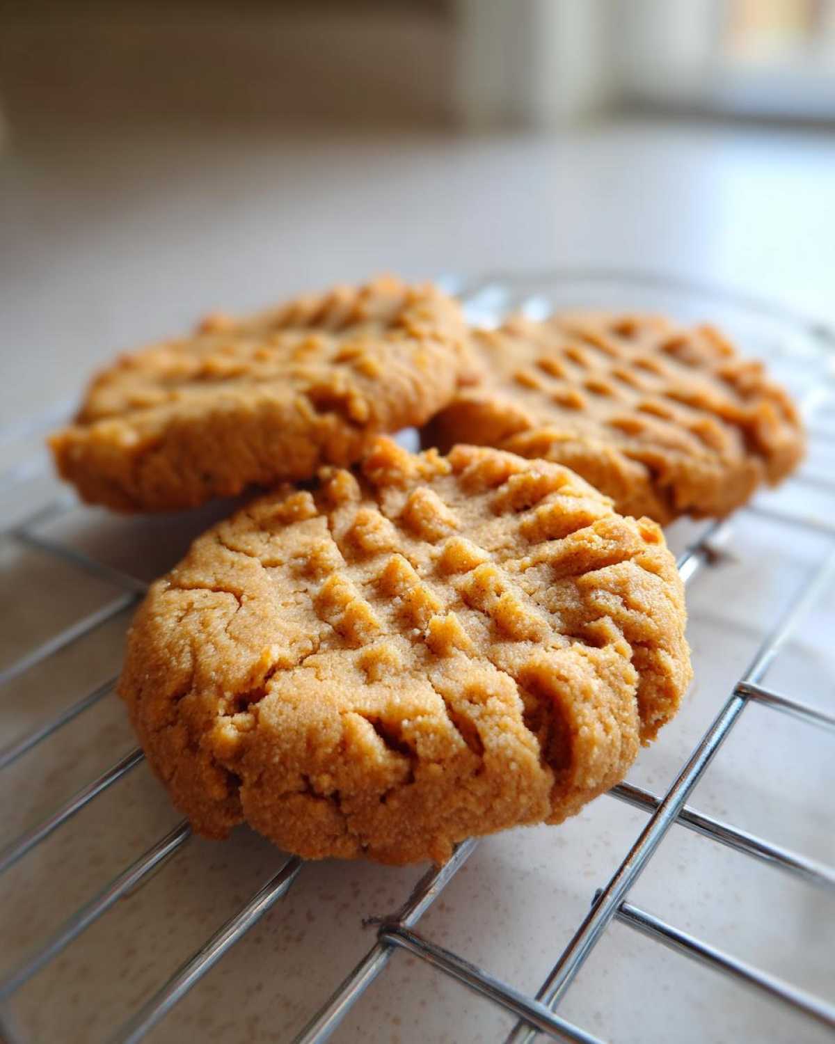 Three freshly baked Easy Peanut Butter Cookies with classic crisscross fork marks cooling on a wire rack.