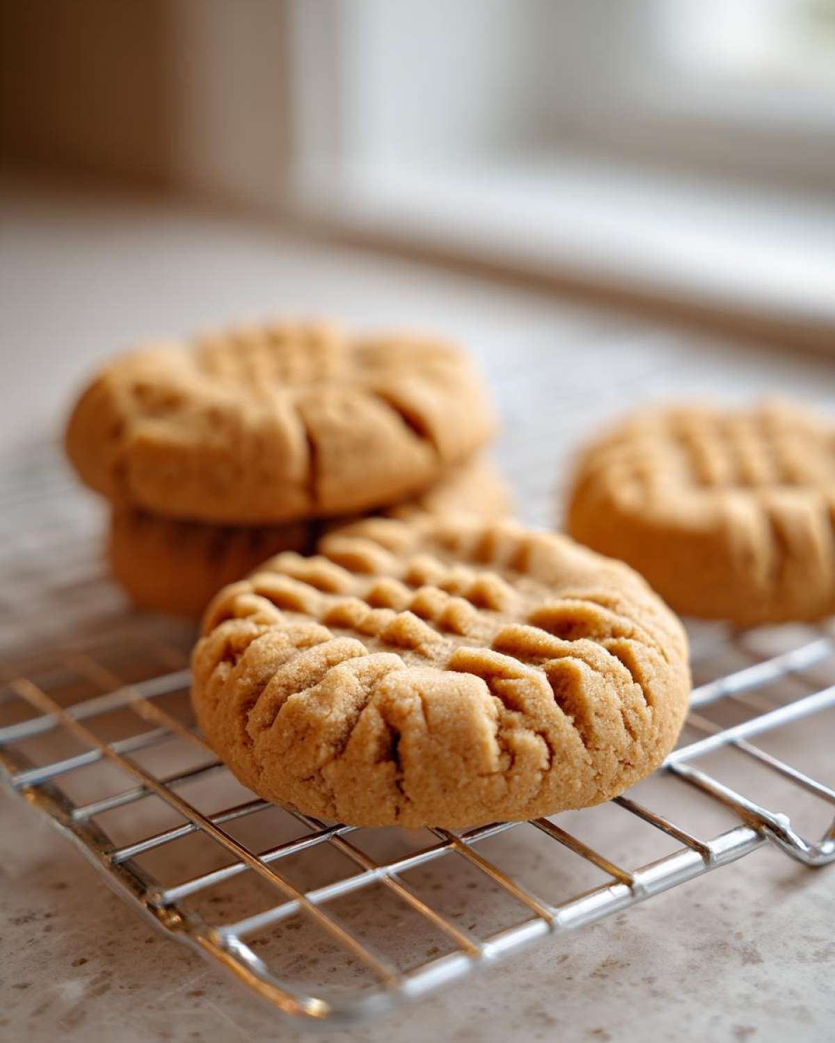 Close-up of freshly baked Easy Peanut Butter Cookies cooling on a wire rack, showing classic fork marks.