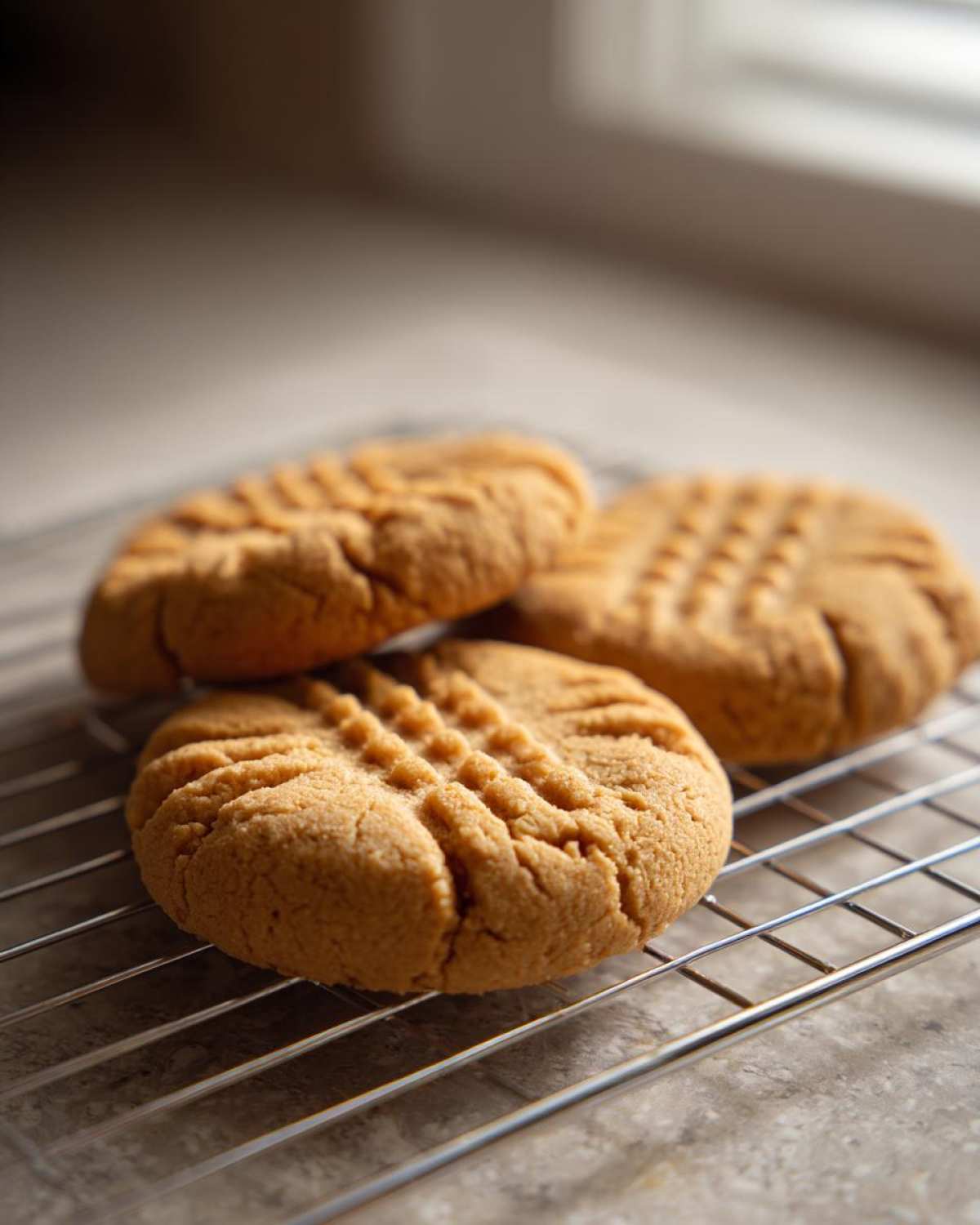 Three freshly baked Easy Peanut Butter Cookies with classic crosshatch marks cooling on a wire rack.