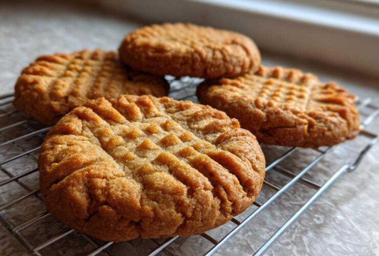 Close-up of several Easy Peanut Butter Cookies with classic crosshatch fork marks cooling on a wire rack.